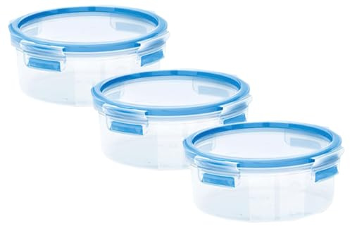 Emsa 508552 Clip & Close | Runde Frischhaltedose | mit Deckel | 0.85 Liter | Transparent/Blau (Packung mit 3)
