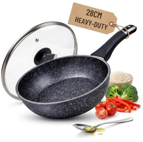 HOUSZY Non-Stick Deep Frying Pan, 28cm, Granite, Induction, Glass Lid | Non-toxic, scratch-resistant coating, heat-resistant handle. All hob types.