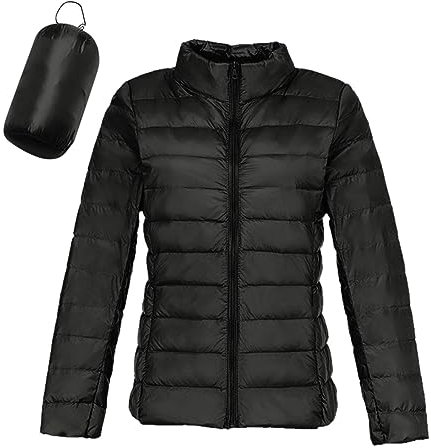 Ultraleichte Steppjacke mit Beutel: Leichte Langarm Federleichte Doppeljacke Outdoorjacke Winter Kurz Warme Übergangsjacke Daunenjacke Gefüttert Reißverschluss ohne Kapuze Winterjacke Steppjacke