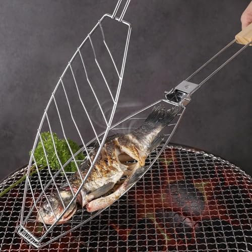 Fisch Grillkorb, Edelstahl Braten BBQ Grillkorb mit Klappgriff DIY Grillwerkzeug für Fisch Gemüse Steak