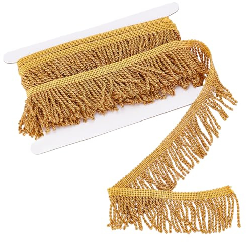 PH PandaHall Ribete de flecos con borlas de 4,6 m, ribete de tela dorada, flecos de cortina de 49 mm, ribete de costura para cortina, ropa, sofá, camino de mesa, decoración del hogar
