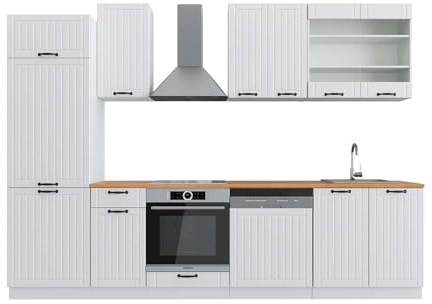 Vicco Küchenzeile Fame-Line, Küchenblock, Weiß Landhaus/Weiß, 300 cm, AP Eiche
