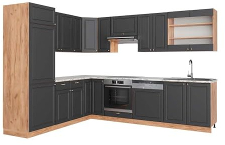Vicco Eckküche Fame-Line, Anthrazit Landhaus/Goldkraft Eiche, 227 x 287 cm, AP Marmor