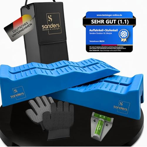 Sanders Auffahrkeile für Wohnmobil - ideales [2er Set] Robuste Stufenkeile für maximalen Halt - Auffahrkeile für Wohnwagen Wohnmobil & Anhänger - Keile - inkl. Tasche & Wasserwaage