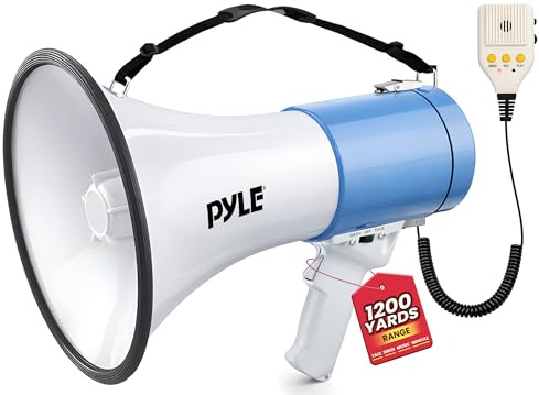 Pyle 50W Megaphone Bullhorn - Portable, Automatic Siren & Adjustable Volume,Projection Range Up to 1200 Square Yards, Aux Input, Talk, Siren, Music, Whistle, & Record, Shoulder Strap (White-Blue)