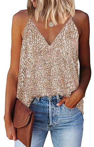 AirMood Women Sexy V Neck Sparkle Shimmer Tank Vests Sequins Tops Las Vegas Disco Sequin Tank (Gold,L)