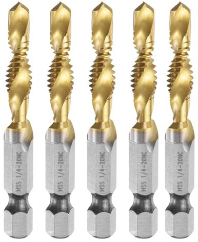 sourcing map 5pcs Combination Drill and Tap Bit, SAE 1/4-20NC Thread 1/4 Hex Shank, Titanium Coated Threading Screw Taps Spiral Flute Tapping Tool, High Speed Steel (HSS) 4341