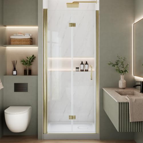 Comfystyle Bifold Shower Door, 32-33.9 W x 72 H, 1/4 Tempered Glass Shower Door, Foldable Shower Glass Door, Adjustable, Brushed Gold Finish