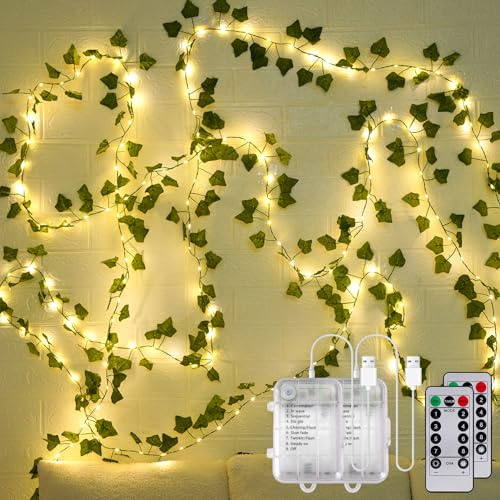 LED Efeu Lichterkette Außen Batterie und USB 2 Stück, 12M 120 LED Efeugirlande Lichterkette Innen mit Blumengirlande Hängend Pflanzen mit Timer, Lichterkette Batteriebetriebene für Hochzeit Zimmer