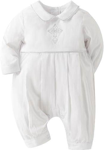 Booulfi 0-3 Months Boy Clothes Baptism Outfits For Boys White Long Sleeves Easter Christening Cross Embroiddery Newborn Outfits Catholic Collared Newborn Boy Clothes