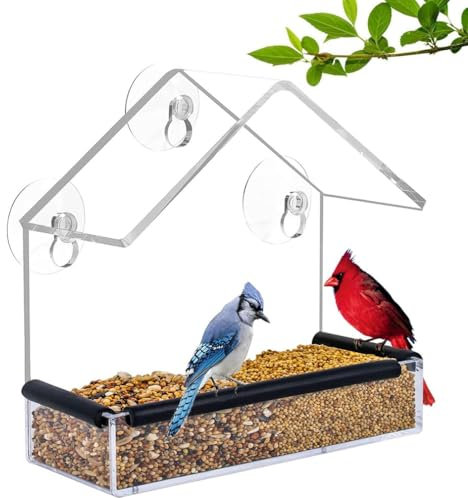 Window Bird Feeder,Bird House for Outside with Rubber pad, Small Acrylic Window Bird Feeder with Strong Suction Cups and Drain Holes for Small Birds only Feeder and garden decoration (Cottage Shaped)