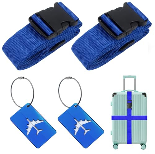 Luggage Strap (2 Pack), with 2 Luggage Tags, Custom Identification, Travel Bag Closure, For Connecting Luggage Together, Dark blue