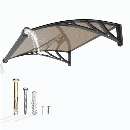 Window Awning Door Canopy 40x48, Awnings for Doors Polycarbonate Cover Patio Door Awning UV Rain Snow Sunlight Protection Hollow Sheet with Separate Drainage Sink, Black Bracket & Brown Board