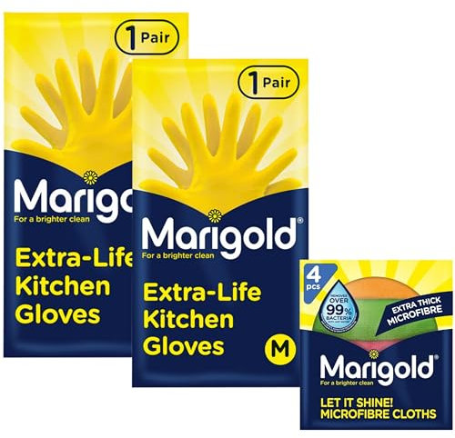 M4 Semear Kitchen Washing-Up Gloves – 2 Pairs (Size M) + Microfibre Cloth | Reusable Rubber Cleaning Gloves for Dishes, Household & Bathroom | Non-Slip Grip, Flocked Lining, Waterproof