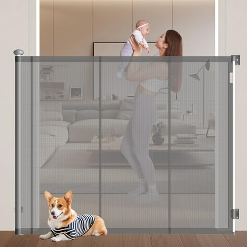 Barrera retráctil extra alta con bandas reforzadas, hasta 140 cm, evita escalar, para perros y bebés (145 x 140 cm)