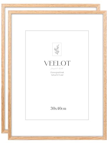 Veelot® 2x Bilderrahmen 30x40cm,Natur Holz Eiche,Passepartout 21x30cm,Großer Diplom- und Dokumentenrahmen | Holzbilderrahmen Poster Echtholz