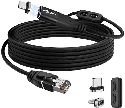 Mygatti 5 m Câble magnétique USB C vers Ethernet,24 Pin Type C vers FTP RJ45,avec 2 prises USB-C et 1 support,Gigabit adaptateur câble pour ordinateur portable,MacBook,iPad Pro,XPS,Surface Pro,PC