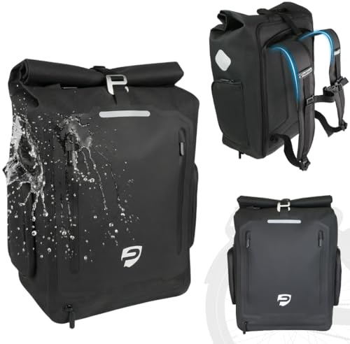 PfadWerk 3in1 Fahrradtasche Rucksack – 27L – 100 % wasserdichte Gepäckträgertasche, Tragetasche & Rucksack mit Laptopfach & Reflektoren – abschließbar – inkl. Schultergurt & Zahlenschloss
