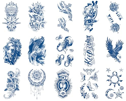 Sugeru 15 Fogli Super Resistente Tatoo Temporanei, 2 Settimane - L'originale | Resistente All'acqua + Vegan + Nuova Tecnologia | Tatuaggi Semipermanenti, Tattoo Temporanei, Temporary Tattoo (C12)