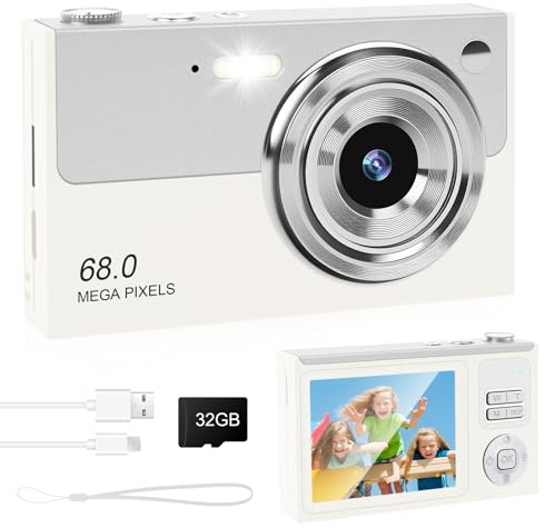Digital Camera - 68MP Autofocus with 2.8 LCD Screen 16X Digital Zoom Anti-Shake Photography Vlogging Compact Photo Camera with 32gb SD Card for Kids Students Beginners Teens (White+Silver)