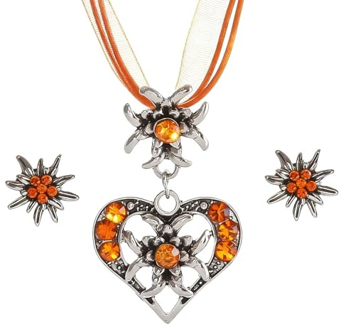 TJUSPIRIT 3er Trachtenschmuck Set Dirndlschmuck Edelweiß Schmuck-Set | Trachtenkette & Ohrstecker Dirndl Schmuck für Oktoberfest Trachtenfest Dirndl Outfit