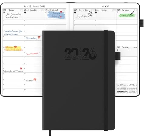 JAYSOO® Agenda semainier 2026, format A4, 21 x 28 cm, planning journalier et emploi du temps, couverture rigide de 12 mois, pour le travail, l'apprentissage et la famille, noir