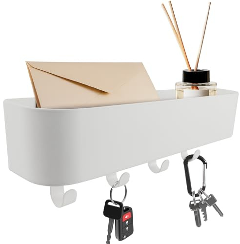 keypak Scaffale da parete con ganci per chiavi, bianco moderno 4 ganci da ingresso e portalettere per corridoi, cucine e portici, mensola decorativa per chiavi