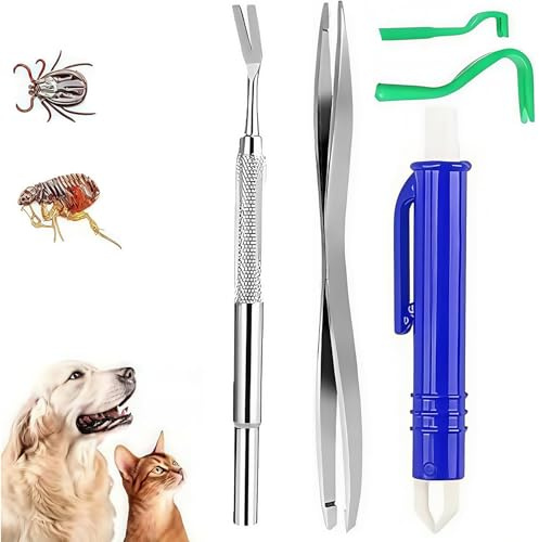 Fästingtång för hundar, katter, människor, uppsättning av 5 fästingtänger, hund med 2 fästingkrokar, 2 fästingtång, metall och 1 fästingpincett, enkel och säker fästingborttagare för barn och husdjur