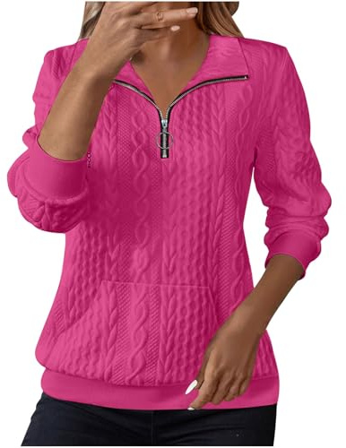 Sweatshirts for Women Cable Knit Jumpers Lapel Half Zip Pullover Ladies Thermal Sweatshirt Long Sleeve Tops Winter Autumn Sweaters Warm Tunics for Office Work Daily Going Out Wear Hot Pink