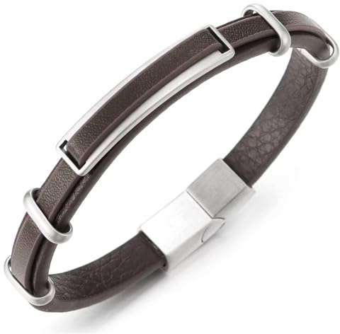 COOLSTEELANDBEYOND Herrarmband brunt läder med matt stålstång och säker stängning, modern, avslappnad