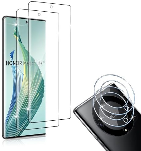 HidWee Cristal Templado Compatible con Honor Magic 5 Lite 5G, 2Pcs Protector de Pantalla [3D Cobertura Completa] + 2Pcs Protector de Lente Cámara, 9H Dureza Anti-Arañazos HD Vidrio Templado