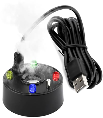 USB Mist Maker 5V Atomizer with 4-Color LED Lights, Mini Ultrasonic Fogger Humidifier with Splash Guard and Auto Shut-Off, Waterproof Air Humidifier for Fountain Pond Fish Tank Rockery Garden Indoor