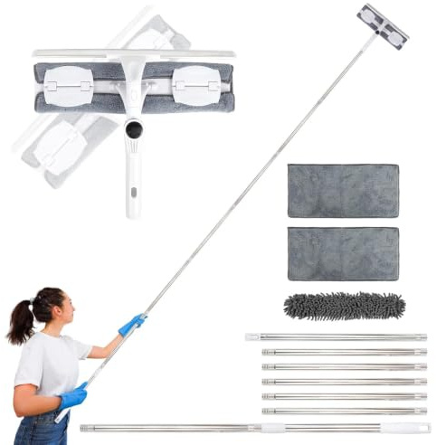 10.5Ft Telescopic Window Cleaner Equipment with Extension Pole | Silicone Scraper, 3Pcs Wash Mops, 2-in-1 Squeegee Window Cleaner Kit for Home, Shower Glass, Car, RV, Grey