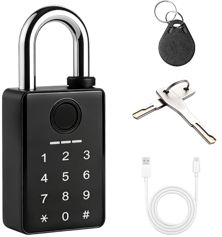 Zahlenschloss Vorhängeschloss mit Fingerabdruck, Zahlencode & App Control, IP65 Vorh?ngeschloss Wetterfest mit RFID-Karte, Robustes Au?enschloss für Tor, Garten, Spind, Garage, Gym