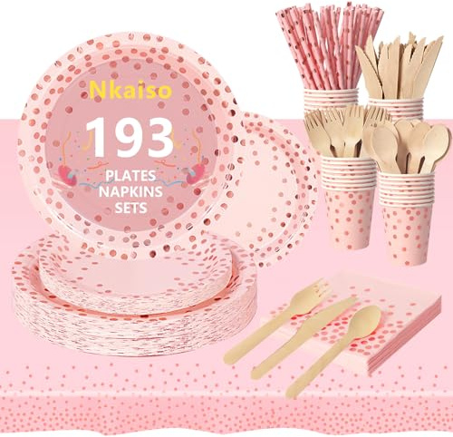 Nkaiso Platos y Vasos Desechables, 193 Piezas Rosa Oro Rosa Vajilla Cumpleaños Infantil Juego para Fiestas Platos Carton Servilletas Cubiertos para Baby Shower Aniversarios -24 Invitado