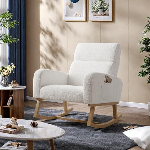 FEEOHOME Gungstol, gungstol, amningsstol, babyrum med träben, gungstol, amning, för sovrum och vardagsrum (vit nalle sammet)