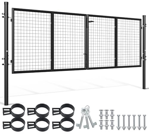 Peviasot Portail de jardin à double battant, 300 x 100 cm, en métal, avec poignée, serrure et 3 clés, porte de jardin robuste pour porte de clôture, portail de cour, portail de clôture, anthracite