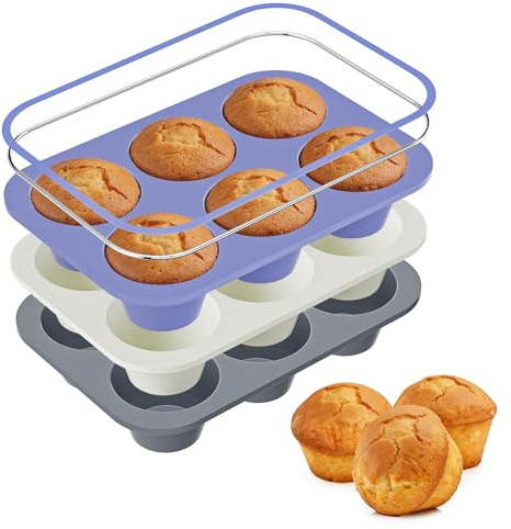 5cm Deep Silicone Muffin Trays with Metal Frame, 6Cup for Cupcake(3PCS) | Large Yorkshire Pudding Tray, Durable Muffin Tin , Food-Grade Cupcake Pan Handmade DIY, Easy to Use and Clean
