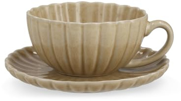 H&H Set 6 Tazze Tè con Piattino 290 cc in Stoneware Beige – Tazze Colazione con Piattini, Design a Rilievo Effetto Petalo, Lavastoviglie e Microonde