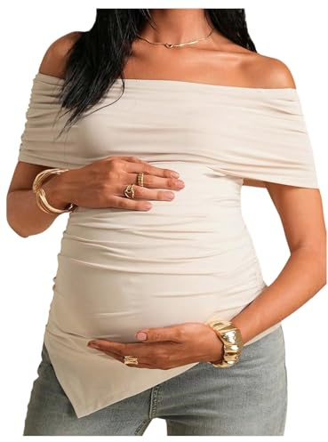 GORGLITTER Women's Maternity Off The Shoulder Tops Short Sleeve Ruched Asymmetrical T Shirts Pregnancy Summer Top