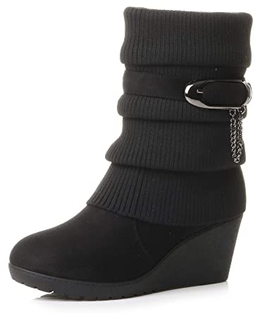 Ajvani Damen Hochkeilabsatz Gestrickt Stricker Winter Wade Stiefeletten Größe 7 40