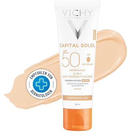 Vichy Capital Soleil, Trattamento Anti-macchie Colorato 3 in 1 SPF50+, Per Tutti i Tipi di Pelle, Alta Protezione e Macchie Ridotte, Con Phe-Resorcinolo e Acqua Vulcanica di Vichy, 50 ml