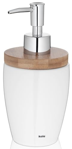 kela Seifenspender 350 ml NATURA, Seifenspender weiß Keramik, Bambusdeckel, Pumpflasche, Spülmittelspender