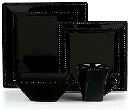 Lorren Home Trends, set di stoviglie quadrate in gres porcellanato, 16 pezzi, colore: nero