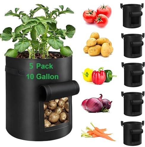 YOQXHY Potato Grow Bags,(5 Pack 10 Gallon) Garden Vegetables Growing Planter with Handles and Access Flap for Planting Potato Carrot Onion Taro Radish Peanut, (Black)