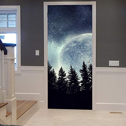 A.Monamour Türtapete Selbstklebend Türfolie Türposter 3D Vollmond Im Sternenhimmel Bei Nacht Natur Wald Bäume Vinyl Folie Türdeko Tapete Wandbild Türaufkleber Türtattoo 90 x 200 cm