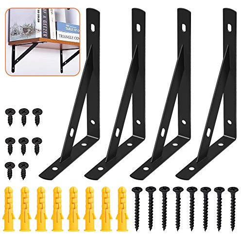 4 Pcs Wall Shelve Brackets Heavy Duty Floating Shelf Brackets Supports Screws and Wall Plugs Set 90 Degree Angle Metal Brackets Black（120x200mm）