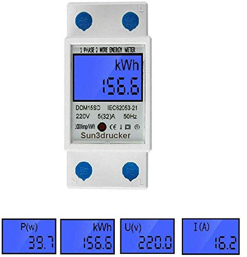 Digitaler DIN Hutschiene Stromzähler - 1-Phasen 2 Leiter, 32A 220V-230V 50Hz/60Hz, LCD Hintergrundbeleuchtung, Wechselstromzähler, SO-Schnittstelle, 1 Dezimalstelle