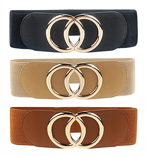 Swtddy Women's Elastic Wide Stretchy Waist Cinch Belt Waistband For Dresses (Suit For Waist Size 36-45, Golden O Design Black+Khaki+Camel)