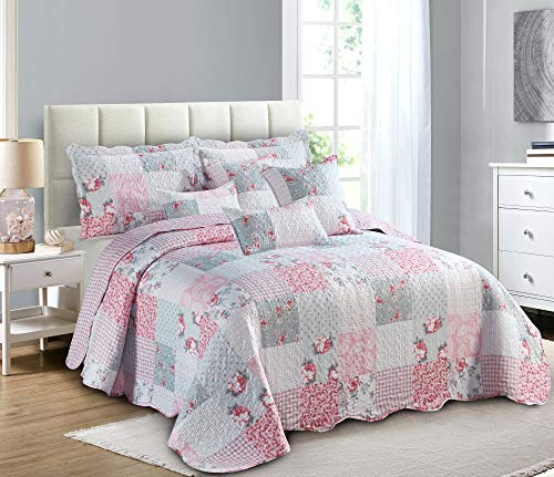 PRIME LINENS Luxury Quilted Patchwork Bedspread Bed Throw 3 Piece Bedding Set Includes Comforter & 2 Pillow Shams Floral Design Coverlet Embroidered (Floral Grey, King)